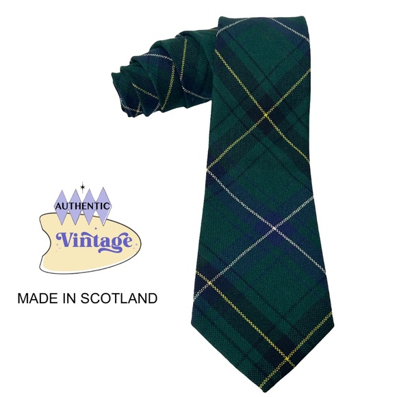 Campbell Tartan 100% Wool Necktie Made in Scotland Green Plaid Vintage 1980s - Picture 1 of 7
